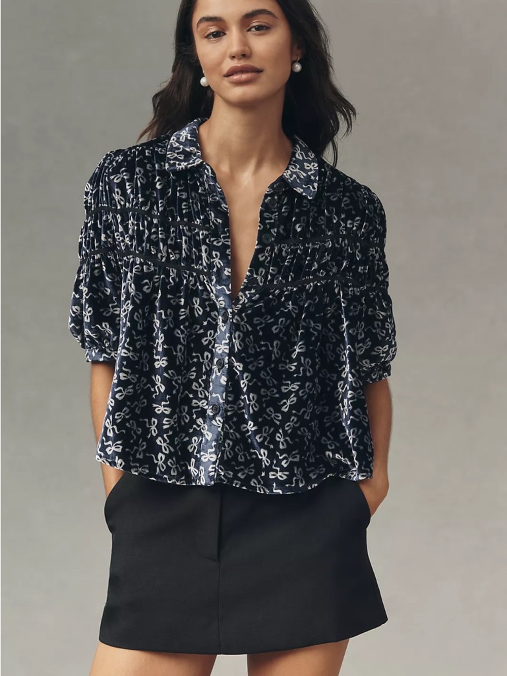 Anthropologie Velvet Floral Print Smocked Button-Front Top - Navy
